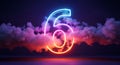 Neon Number Six Glowing in Colorful Clouds Dark Night Sky with Copy Space Royalty Free Stock Photo
