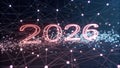 2026 Neon Numbers Over Abstract Digital Network Background, Futuristic Technology Concept, Data Flow And Innovation, Royalty Free Stock Photo