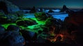 A neon ocean where the waves crash against glowing rocks on the shore. High Quality Ai Generated