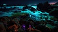 A neon ocean where the waves crash against glowing rocks on the shore. High Quality Ai Generated