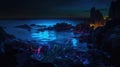 A neon ocean where the waves crash against glowing rocks on the shore. High Quality Ai Generated