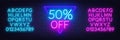 Neon offer template for discount on sale. . Neon blue and pink alphabets with numbers