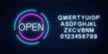 Neon open 24 hours and 7 days in circle frames sign with alphabet. Round the clock working bar or night club signboard Royalty Free Stock Photo