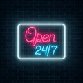 Neon open 24 hours 7 days sign in geometric shape on a brick wall background. Round the clock working store Royalty Free Stock Photo