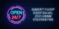 Neon open 24 hours 7 days a week sign in circle shaps with alphabet. Round the clock working bar Royalty Free Stock Photo