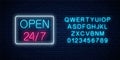 Neon open 24 hours 7 days a week sign in geometric shape with alphabet. Round the clock working night club signboard Royalty Free Stock Photo