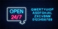 Neon open 24 hours 7 days a week sign in geometric shape with arrow and alphabet. Round the clock working bar Royalty Free Stock Photo