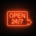 Neon open 24 hours 7 days a week sign in geometric shape with arrow on a brick wall background. Royalty Free Stock Photo