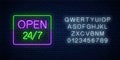 Neon open 24 hours 7 days a week sign in rectangle shape with alphabet. Round the clock working bar Royalty Free Stock Photo