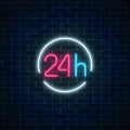 Neon open 24 hours sign in circle frame. Round the clock working bar or store signboard Royalty Free Stock Photo