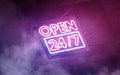 Neon open 24-7 sign dark marble wall, glowing font mockup