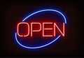 Neon Open Sign Light Vector Isolated On Dark Red Brick Wall. Night Frame Light Decoration. Realistic