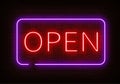 Neon Open sign light vector isolated on dark red brick wall. Night frame light decoration. Realistic Royalty Free Stock Photo