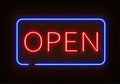 Neon Open sign light vector isolated on dark red brick wall. Night frame light decoration. Realistic Royalty Free Stock Photo