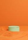 Neon orange, bright red 3D rendering minimal product display one luxury cylinder podium or stand on wavy textile product