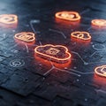 Neon orange cloud icons are displayed on a textured dark surface representing a Royalty Free Stock Photo