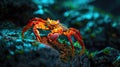 A neon orange crab stling along a neon green rock both seemingly aglow with energy Royalty Free Stock Photo