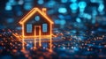 Neon orange glowing house on a digital grid illuminated by blue light, symbolizing energy efficient solutions, IoT technology,