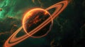 A neon orange planet with glowing rings orbits a bright green star