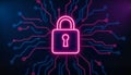 Neon padlock symbolizing secure digital access against tech grid, innovation Royalty Free Stock Photo