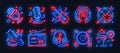 Neon party icons. Dance music karaoke light signs, glowing concert banner, rock bar disco poster. Vector retro night Royalty Free Stock Photo