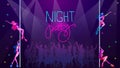 Neon party in night disco club, dancing people silhouettes, music glow bright light vector illustration. Sexy girls Royalty Free Stock Photo