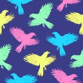 Neon pattern with bright parrots in flight