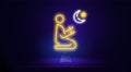 Neon pattern in one line. An Islamic Muslim prays a neon glow icon with a month and a star.vector illustration concept