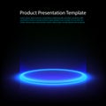 Neon pedestal. Blue glowing ring on glossy floor. Abstract hi-tech background for display product. template.