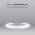 Neon pedestal. White glowing ring on glossy floor. Abstract hi-tech background for display product. Vector template.