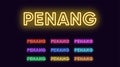 Neon Penang name, Island in Malaysia. Neon text of Penang Island. Vector set of glowing Headlines