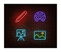 Neon pencil, paint, picture, easel signs vector isolated on brick wall. Art light symbol, decoration
