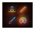 Neon pencil, paint tool, pen, brush signs vector isolated on brick wall. Drawing light symbol, decor Royalty Free Stock Photo