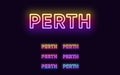 Neon Perth name, city in Australia. Neon text of Perth city