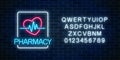 Neon pharmacy glowing signboard with heart shape and pulse graph with alphabet Illuminated drugstore sign open 24 hours