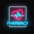 Neon pharmacy glowing signboard with heart shape and pulse graph on brick wall background.