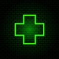 Green neon pharmacy icon on a dark green background. Retro-style. Neon pharmacy icon for websites, banners, and business cards.