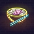 Neon pho bo bowl icon on brick wall background. Vietnamese cuisine, asian noodle soup. Vector isolated illustration for