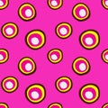 Neon Pink background with yellow and black circles. Abstract retro seamless pattern. Bright neon colours Royalty Free Stock Photo