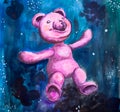 Neon pink bear flying in cosmos smiling and looking up into the sky. Hand drawn watercolor painting with teddy bear Royalty Free Stock Photo