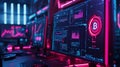 Bitcoin Cryptocurrency Mining Digital Neon Pink Blue Data Graphs Technology Glow Code Cyber Charts Market