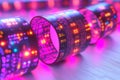 Neon pink and blue glowing data strips symbolizing fast data transfer secure communication and advanced networking infrastructu