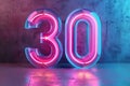 Neon pink and blue glowing number 30 in front of grunge wall