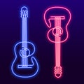 Neon pink blue light lamp continuous line drawing of acoustic guitar vector. Musical instrument single line for Royalty Free Stock Photo