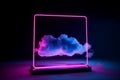 Neon pink and blue lights in a square frame with cloud formation on dark background