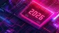Neon pink digital circuit board with futuristic display