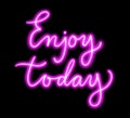 Neon pink enjoy today lettering on black background. Royalty Free Stock Photo