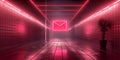 Neon pink envelope icon glowing inside a futuristic hallway, symbolizing secure communication, encrypted messaging, and cutting
