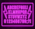 Neon pink font. Bright capital letters with numbers on a dark background Royalty Free Stock Photo