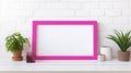 Neon Pink Frame Photo Mockup On White Brick Wall Royalty Free Stock Photo